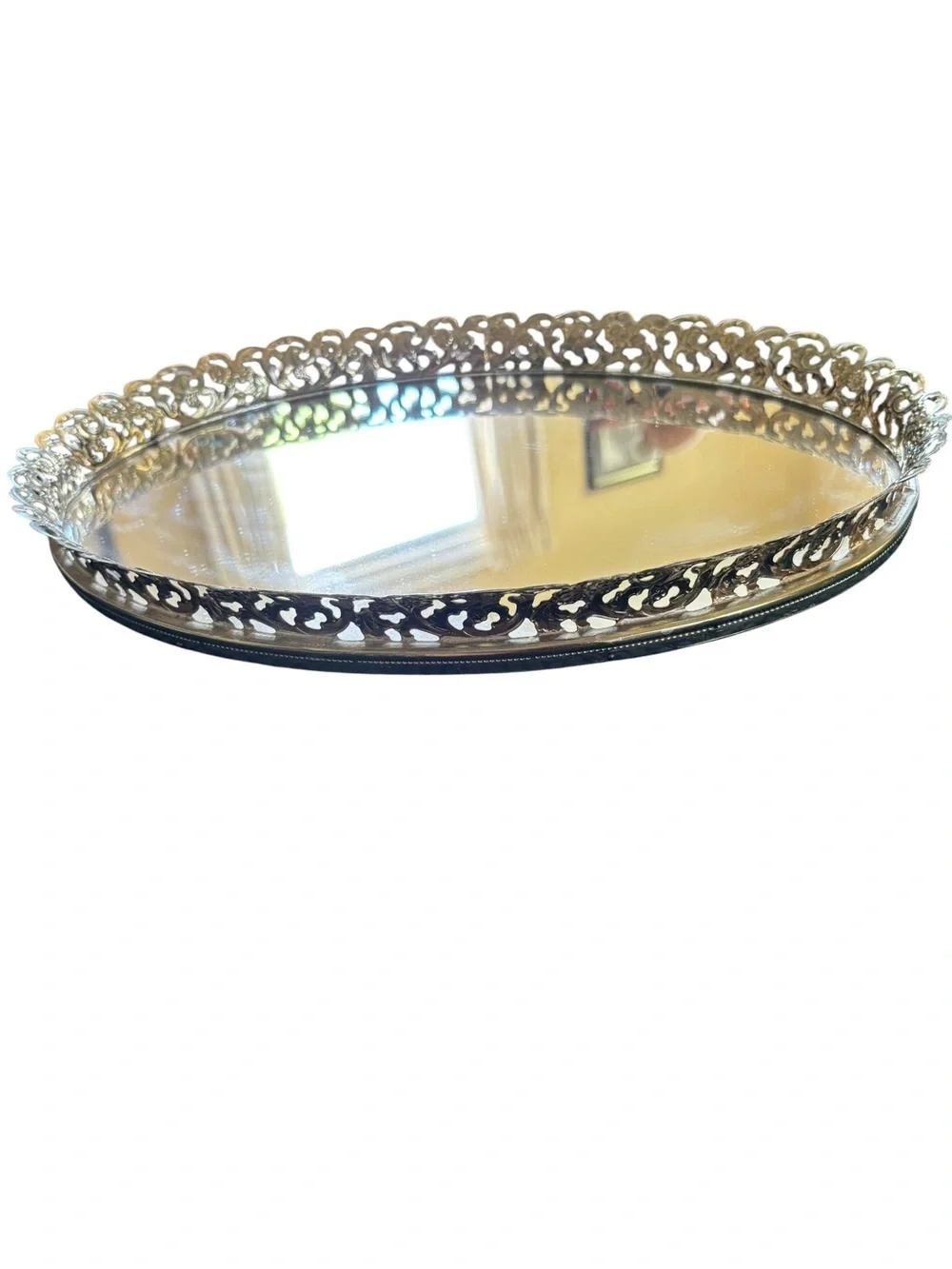 Vintage Filagree Oval Vanity Mirrored Tray Hollywood Regency Cottagecore Decor